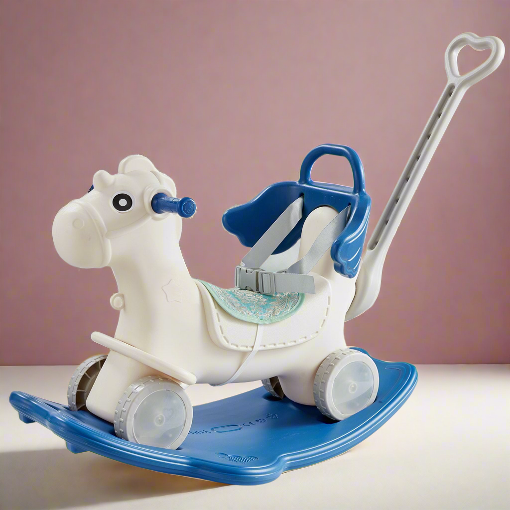 VEVOR 4 in 1 Rocking Horse for Toddlers 1-3 Years, Baby Rocking Horse with Detachable Balance Board, Push Handle and 4 Smooth Wheels, Support up to 80 lbs HDPE Kids Ride on Toy with Sound, Blue