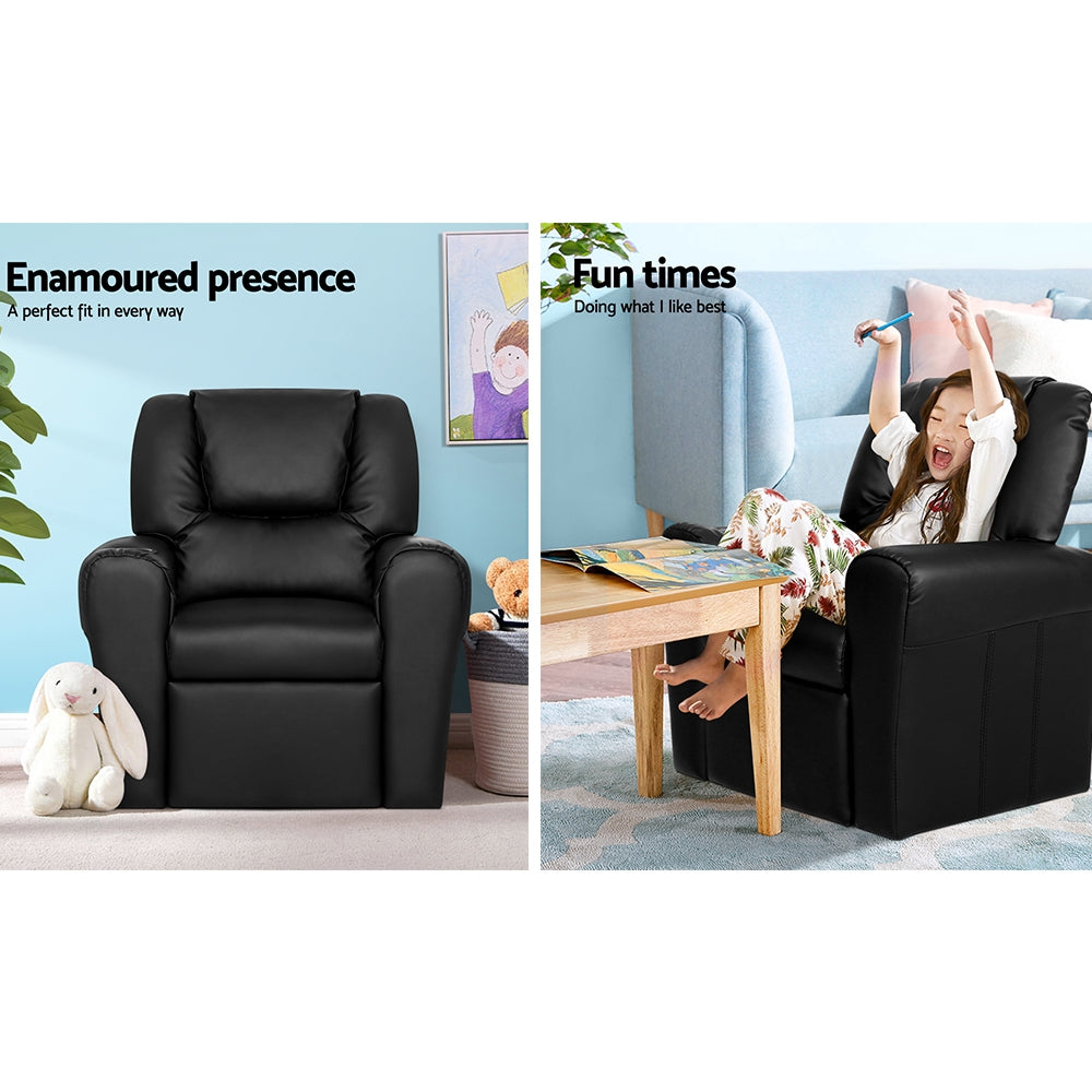Mini Luxe Keezi Kids Recliner Chair PU Leather Sofa Lounge Couch Children Armchair Black