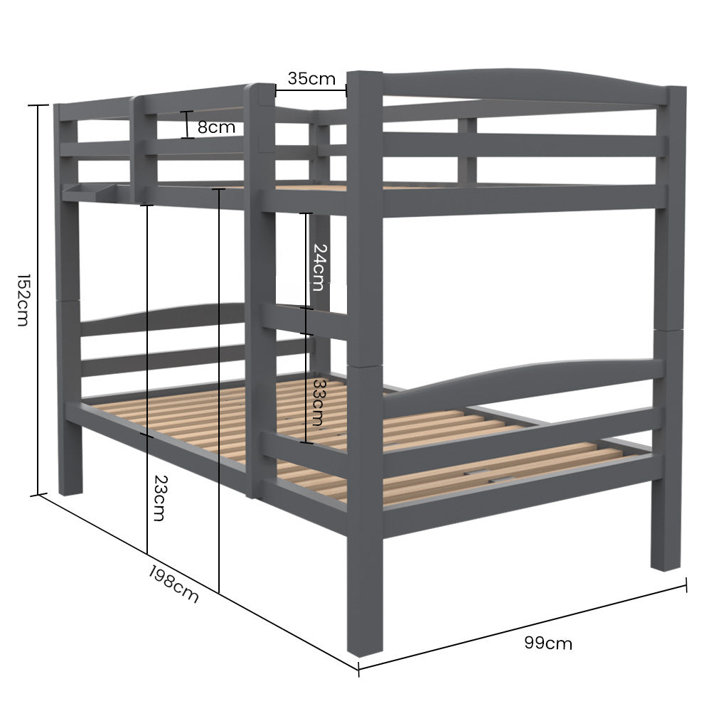 KINGSTON SLUMBER Single Bunk Bed Frame, Solid Pine 2-in-1 Modular Design, Converts to 2 Single Beds For Kids, Grey