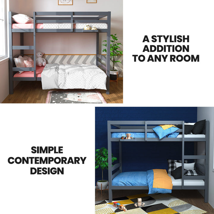 KINGSTON SLUMBER Single Bunk Bed Frame, Solid Pine 2-in-1 Modular Design, Converts to 2 Single Beds For Kids, Grey