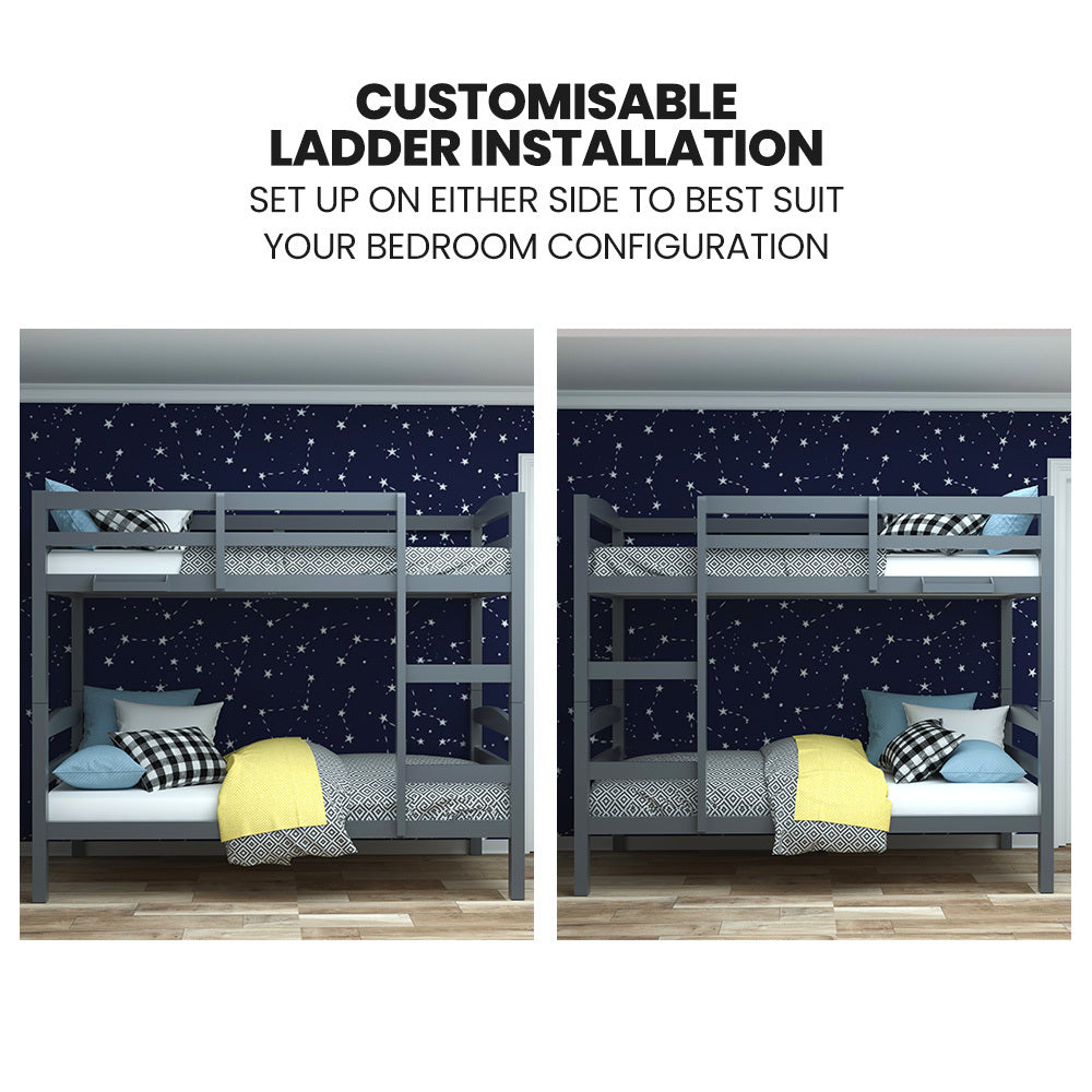 KINGSTON SLUMBER Single Bunk Bed Frame, Solid Pine 2-in-1 Modular Design, Converts to 2 Single Beds For Kids, Grey