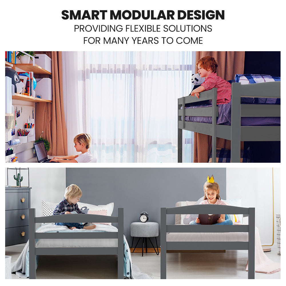 KINGSTON SLUMBER Single Bunk Bed Frame, Solid Pine 2-in-1 Modular Design, Converts to 2 Single Beds For Kids, Grey