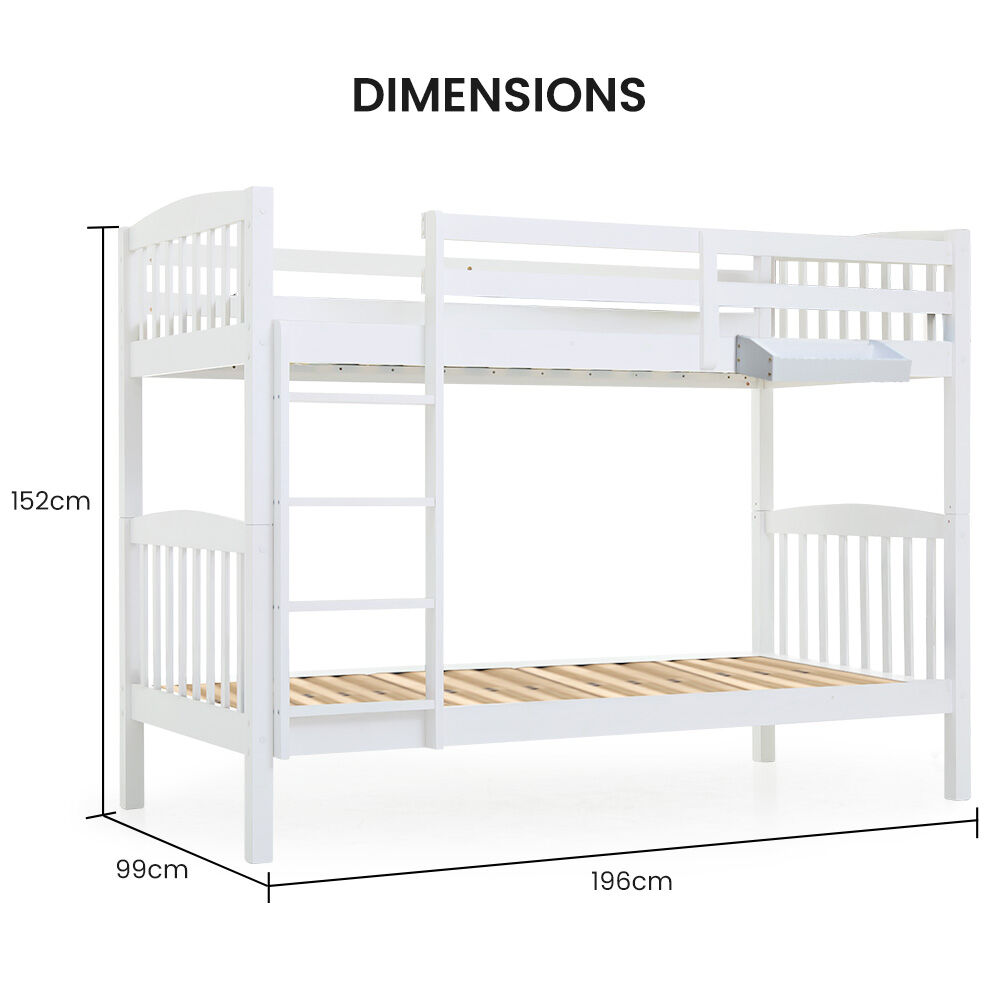 KINGSTON SLUMBER Single Bunk Bed Frame, Solid Pine 2-in-1 Modular Design, Converts to 2 Single Beds For Kids, White
