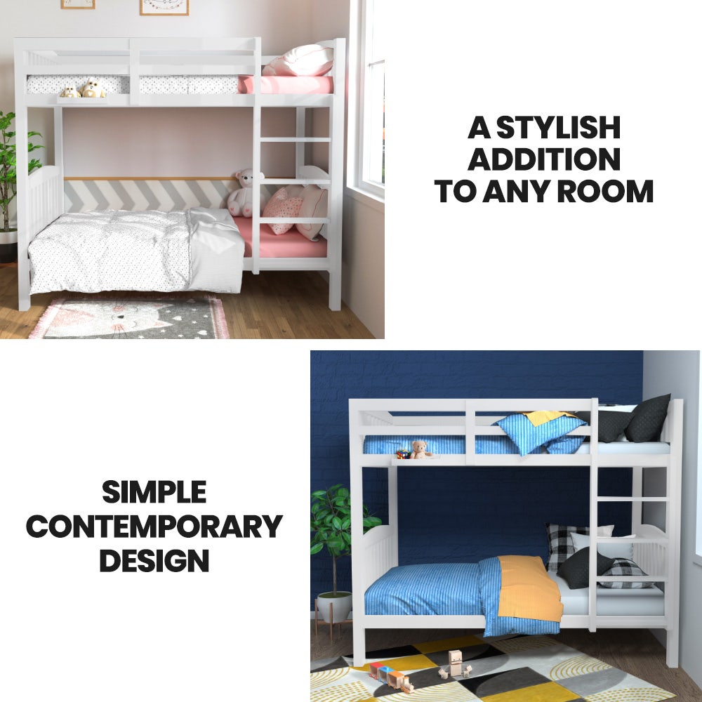 KINGSTON SLUMBER Single Bunk Bed Frame, Solid Pine 2-in-1 Modular Design, Converts to 2 Single Beds For Kids, White