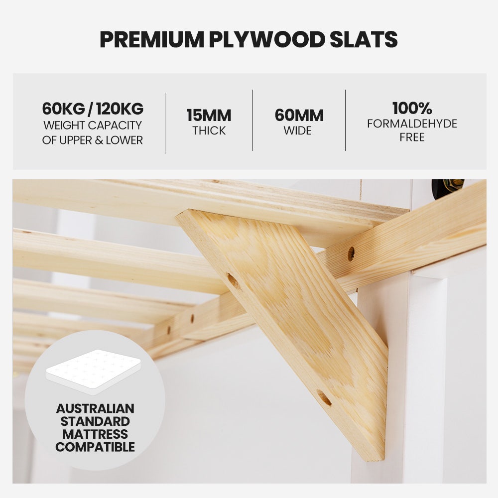 KINGSTON SLUMBER Single Bunk Bed Frame, Solid Pine 2-in-1 Modular Design, Converts to 2 Single Beds For Kids, White