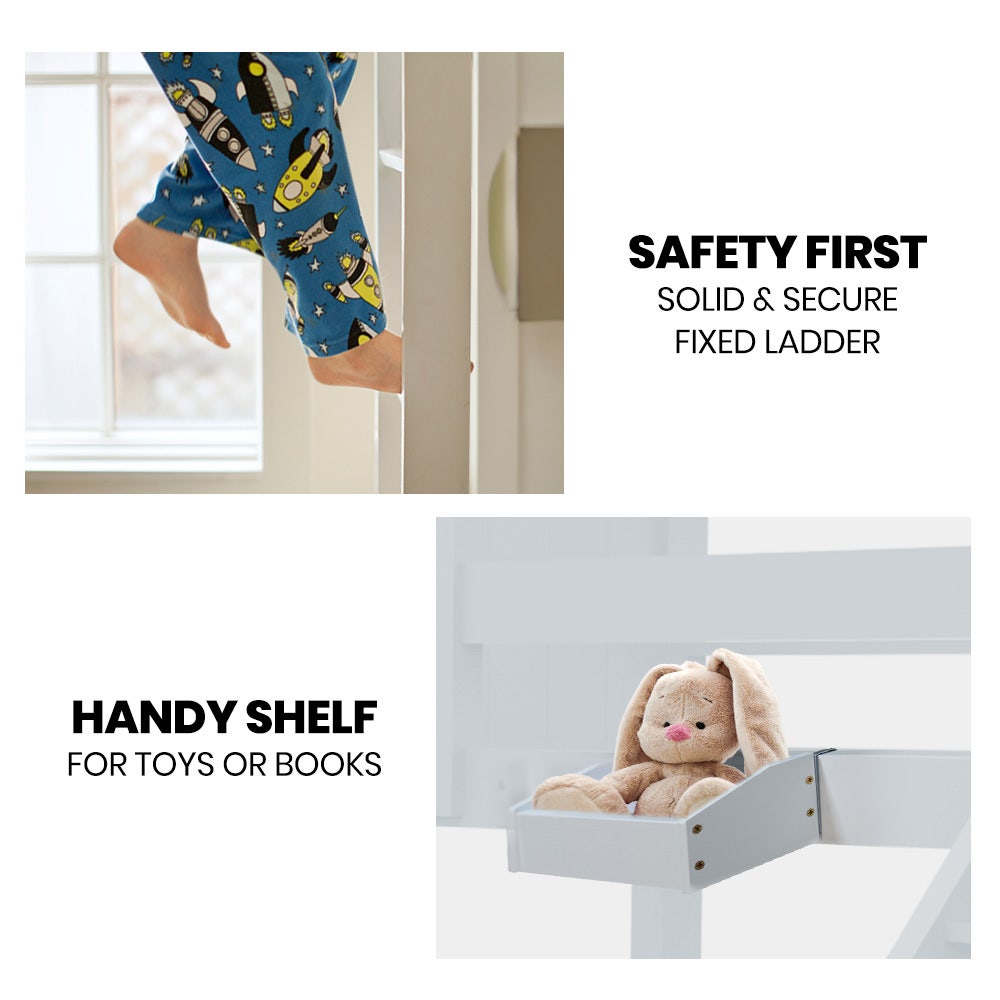 KINGSTON SLUMBER Single Bunk Bed Frame, Solid Pine 2-in-1 Modular Design, Converts to 2 Single Beds For Kids, White