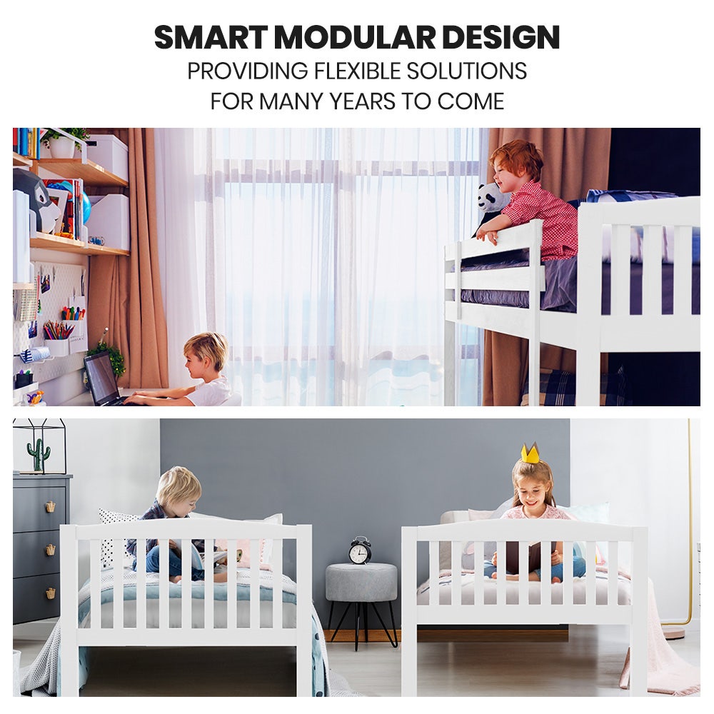KINGSTON SLUMBER Single Bunk Bed Frame, Solid Pine 2-in-1 Modular Design, Converts to 2 Single Beds For Kids, White