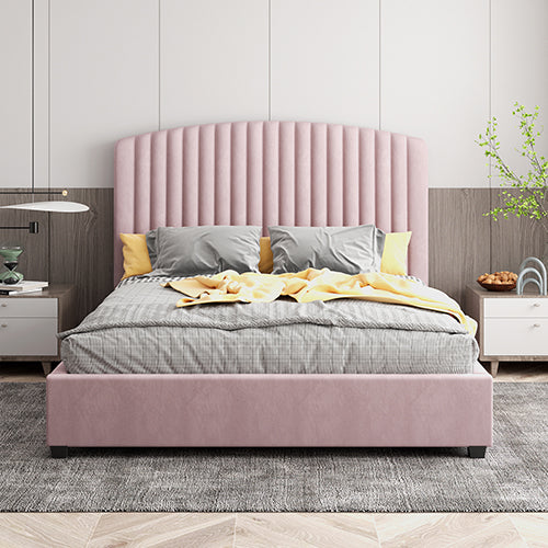 Camelia King Single Size Bed Frame Pink Velvet Upholstery High Headboard