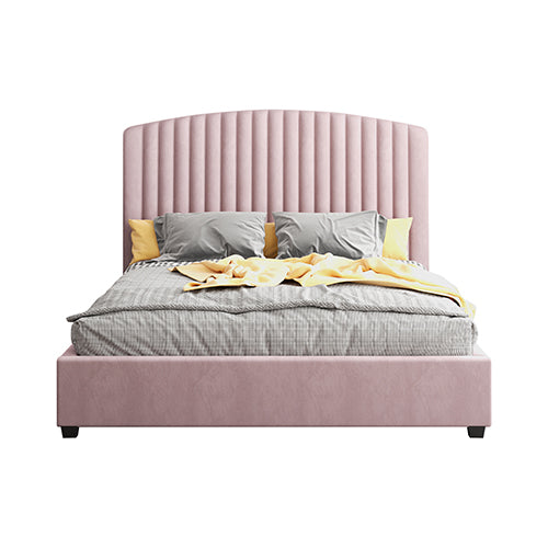 Camelia King Single Size Bed Frame Pink Velvet Upholstery High Headboard