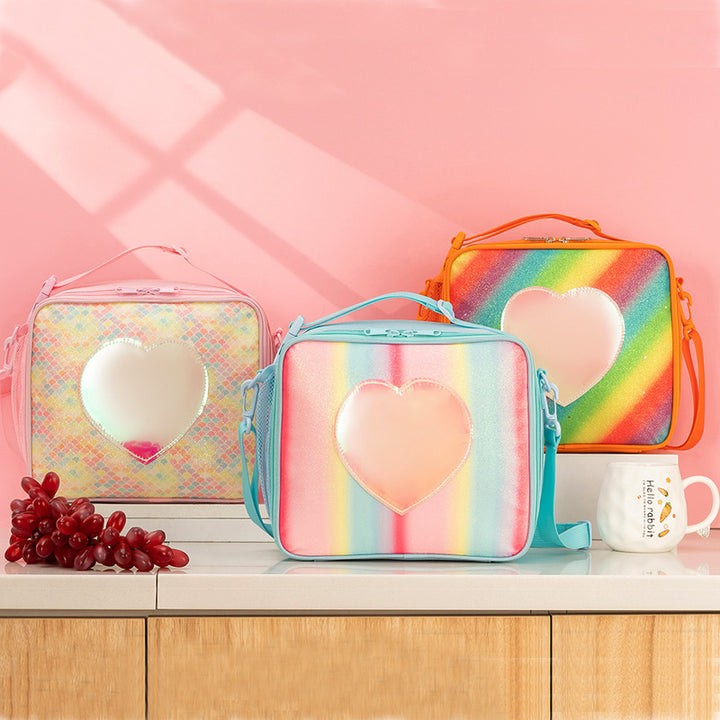 Blue Sparkling Rainbow Heart Insulated Lunch Bag for Kids - Portable School Lunch Box with Shoulder Strap