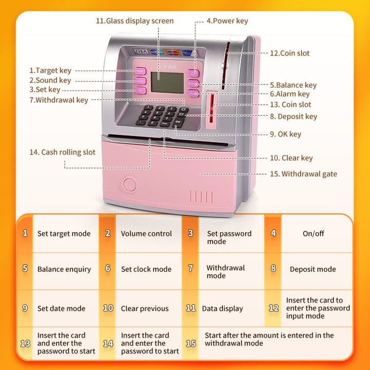 Kids Electronic ATM Savings Bank - Digital Piggy Bank with Password, Auto Roll-in Banknotes & Coin Slot for Financial Learning Fun(pink)