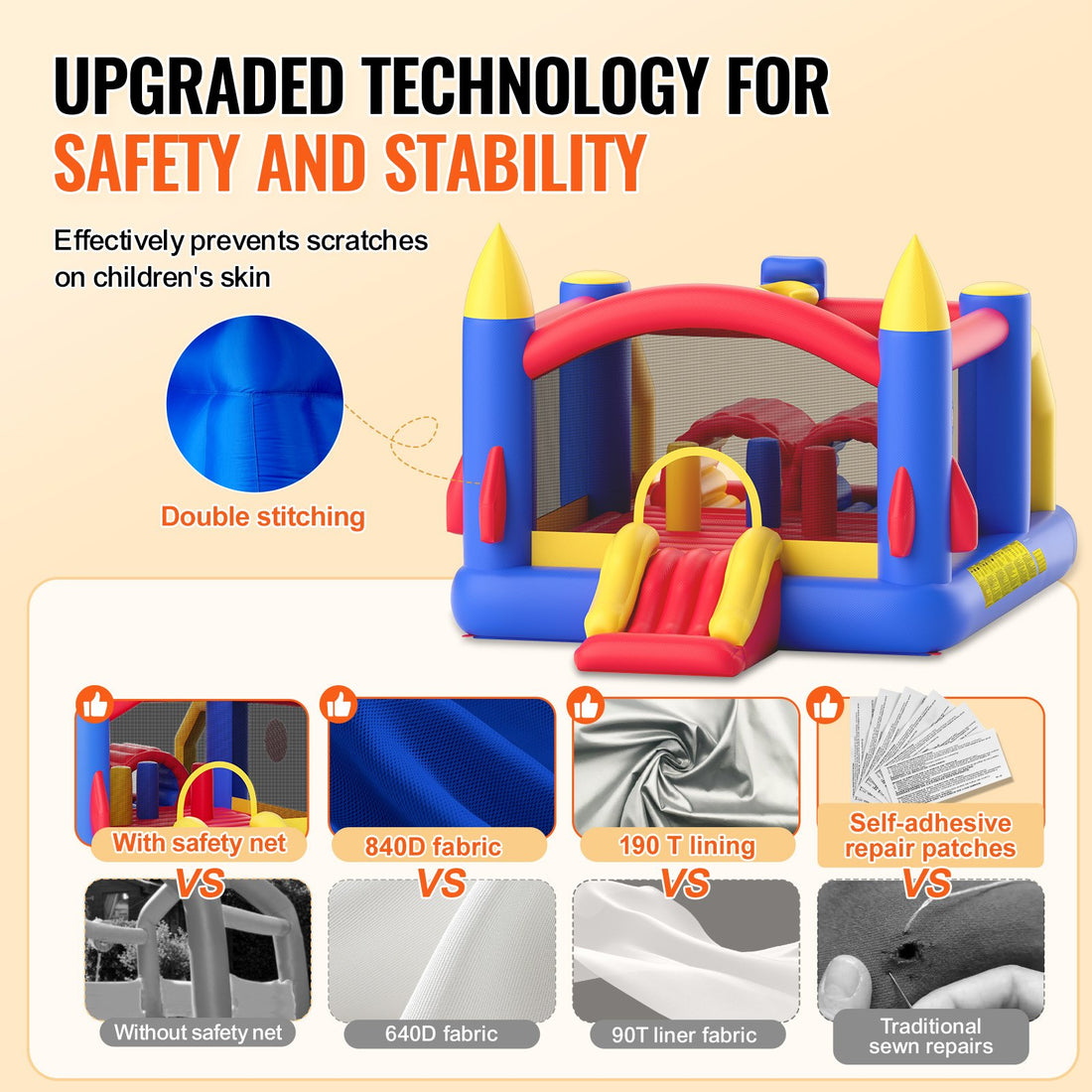 VEVOR Inflatable Bounce House, Outdoor High Quality Playhouse Trampoline, Jumping Bouncer with Blower, Slide, and Storage Bag, Family Backyard Bouncy Castle, for Kid Ages 3_8 Years, 4.0x2.4x2.4m