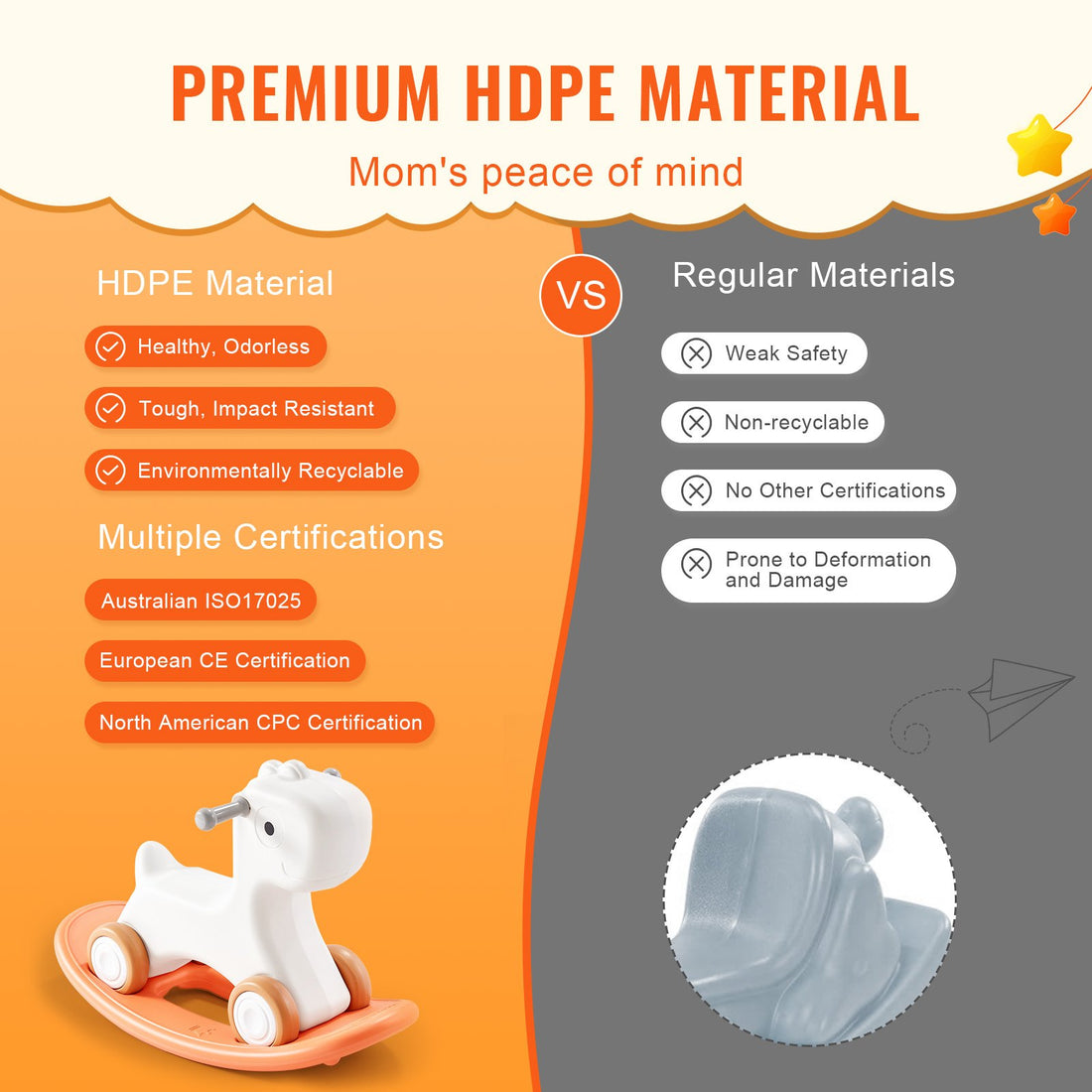 VEVOR 3 in 1 Rocking Horse for Toddlers 1-3 Years, Baby Rocking Horse with Detachable Balance Board and 4 Smooth Wheels, Support up to 80 lbs HDPE Material Kids Ride on Toy, Swinging, Orange