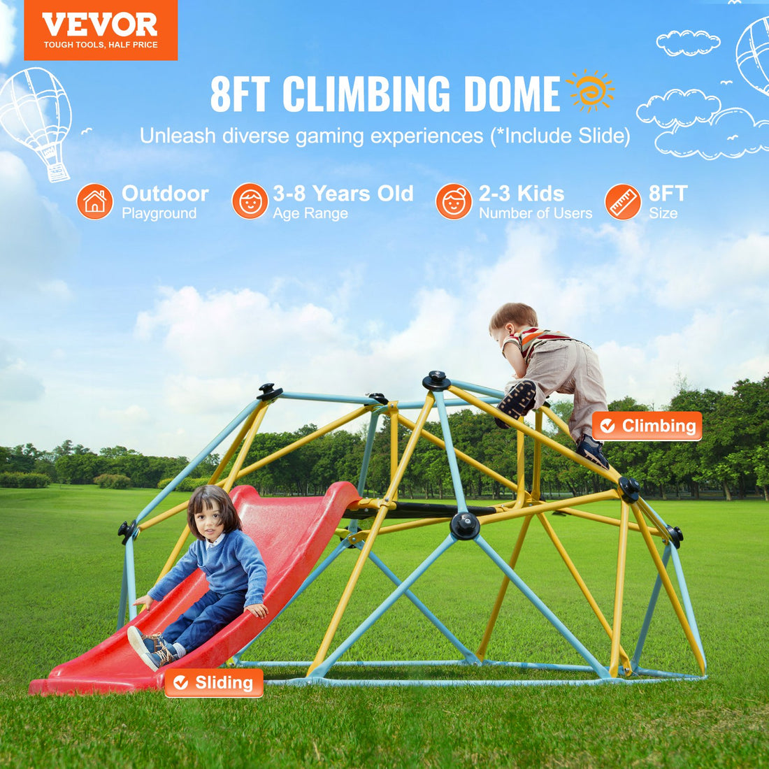 VEVOR Climbing Dome, 8FT Geometric Dome Climber with Slide, Outdoor and Indoor Play Equipment