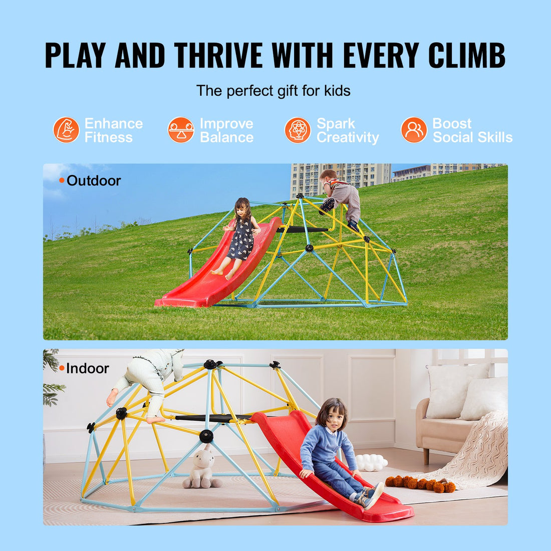 VEVOR Climbing Dome, 8FT Geometric Dome Climber with Slide, Outdoor and Indoor Play Equipment