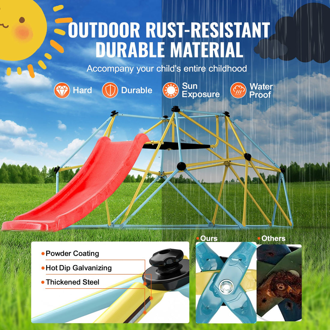 VEVOR Climbing Dome, 8FT Geometric Dome Climber with Slide, Outdoor and Indoor Play Equipment