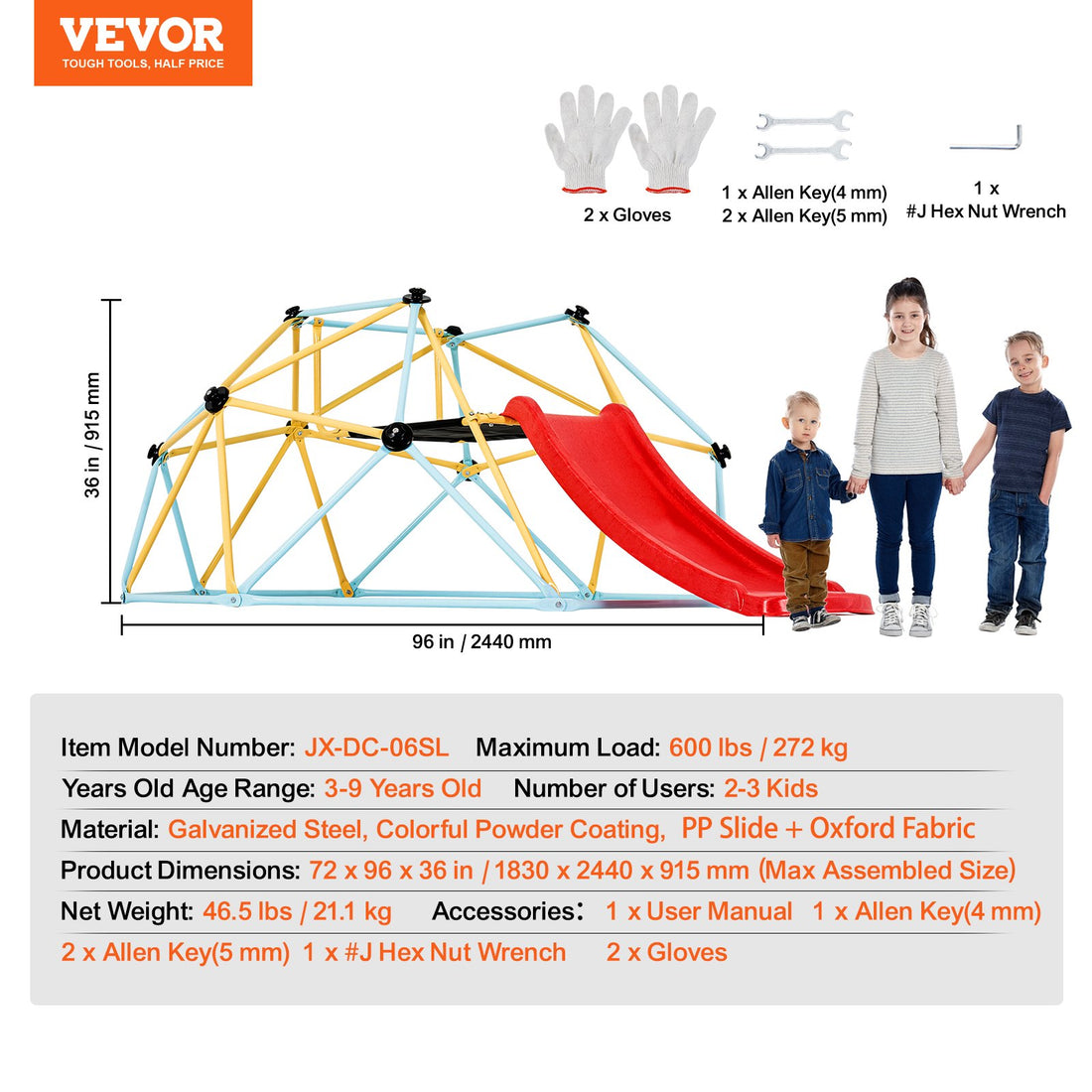 VEVOR Climbing Dome, 8FT Geometric Dome Climber with Slide, Outdoor and Indoor Play Equipment
