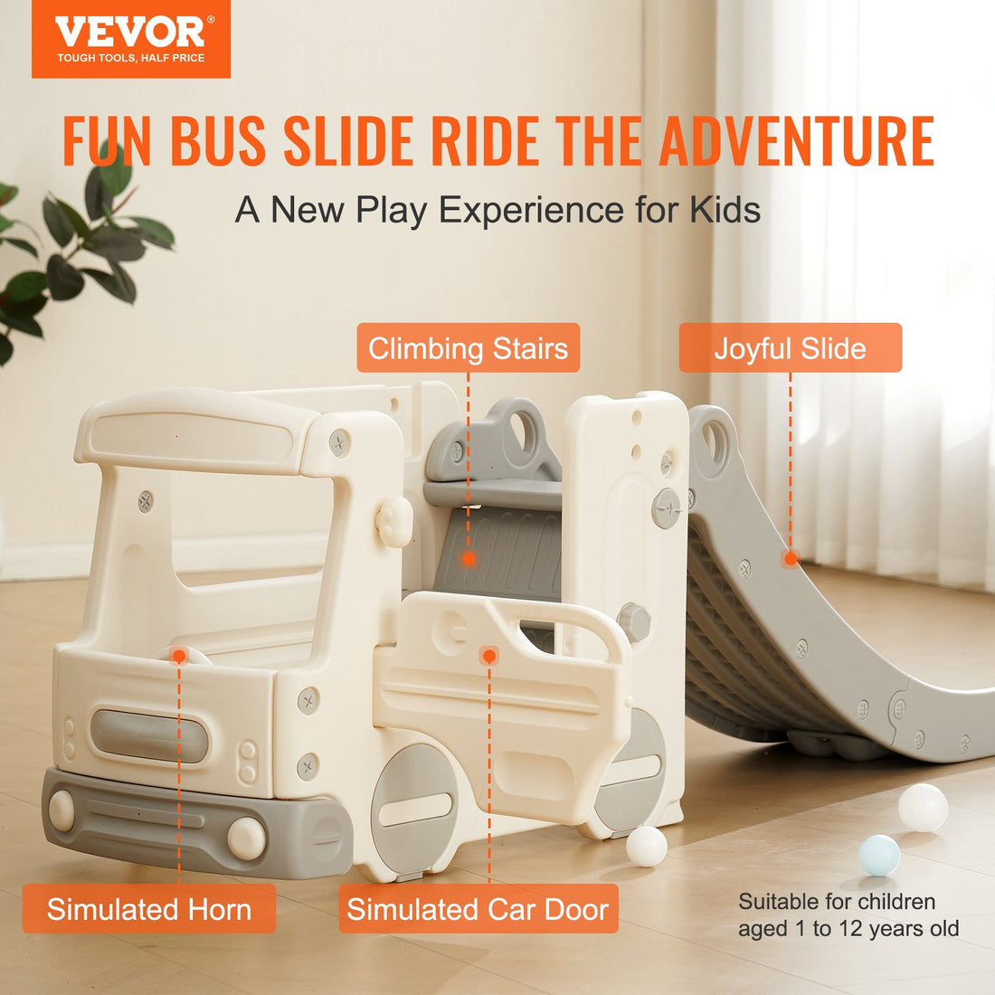 VEVOR Toddler & Kid’s Slide & Bus Playhouse, Indoor Outdoor Playset/Playground for Kids Within 50kg